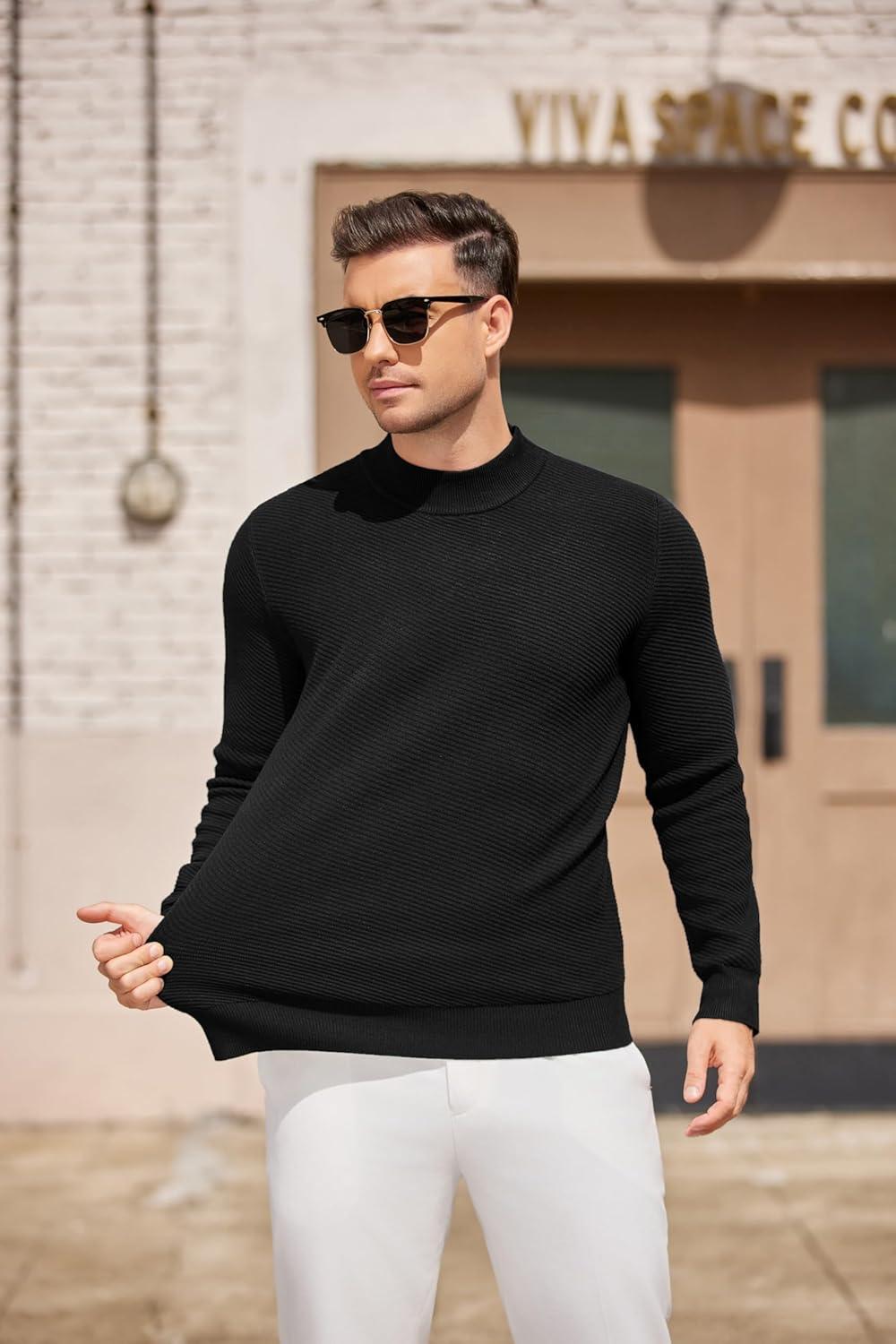 imageCOOFANDY Mens Mock Turtleneck Sweater Long Sleeve Knitted Slim Fit Casual Half Neck Pullover SweatersBlack