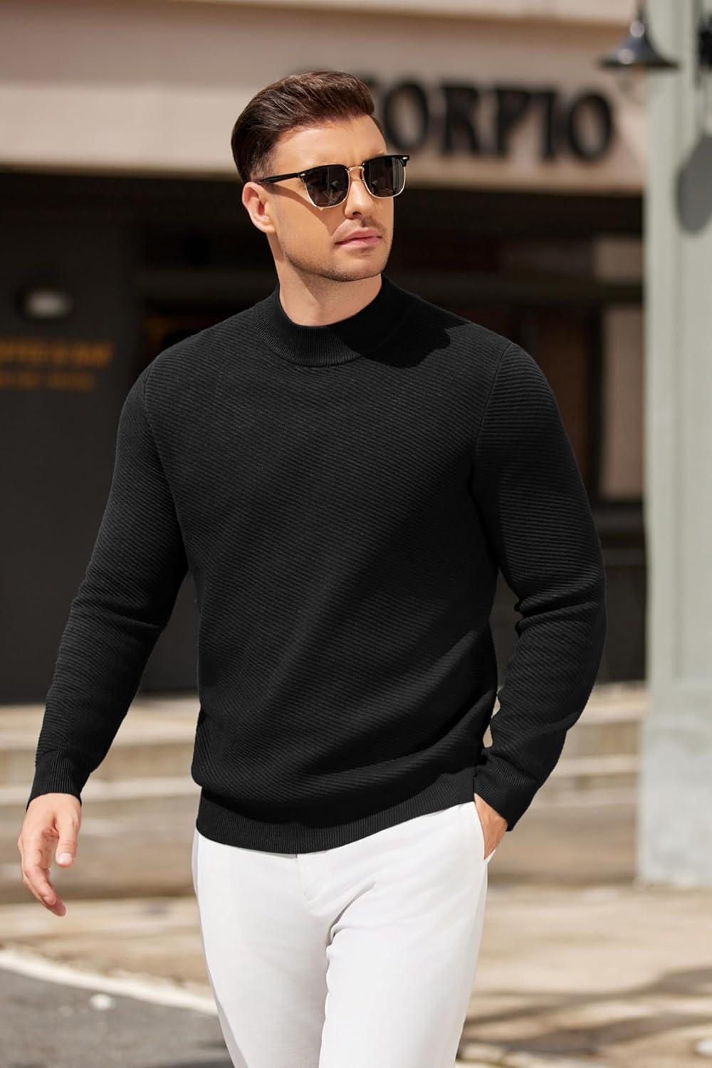 imageCOOFANDY Mens Mock Turtleneck Sweater Long Sleeve Knitted Slim Fit Casual Half Neck Pullover SweatersBlack