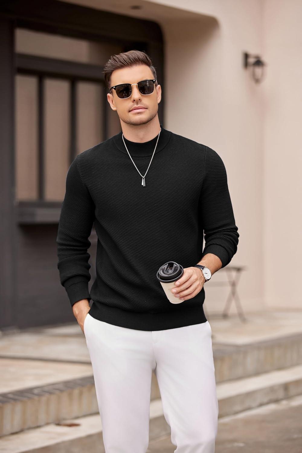 imageCOOFANDY Mens Mock Turtleneck Sweater Long Sleeve Knitted Slim Fit Casual Half Neck Pullover SweatersBlack