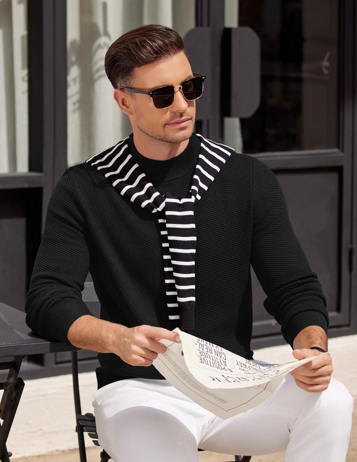 imageCOOFANDY Mens Mock Turtleneck Sweater Long Sleeve Knitted Slim Fit Casual Half Neck Pullover SweatersBlack