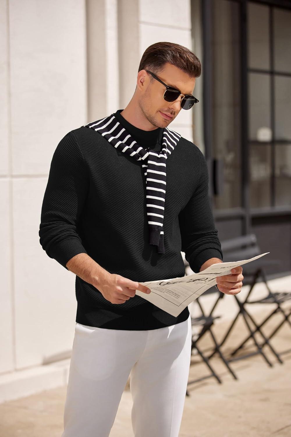 imageCOOFANDY Mens Mock Turtleneck Sweater Long Sleeve Knitted Slim Fit Casual Half Neck Pullover SweatersBlack
