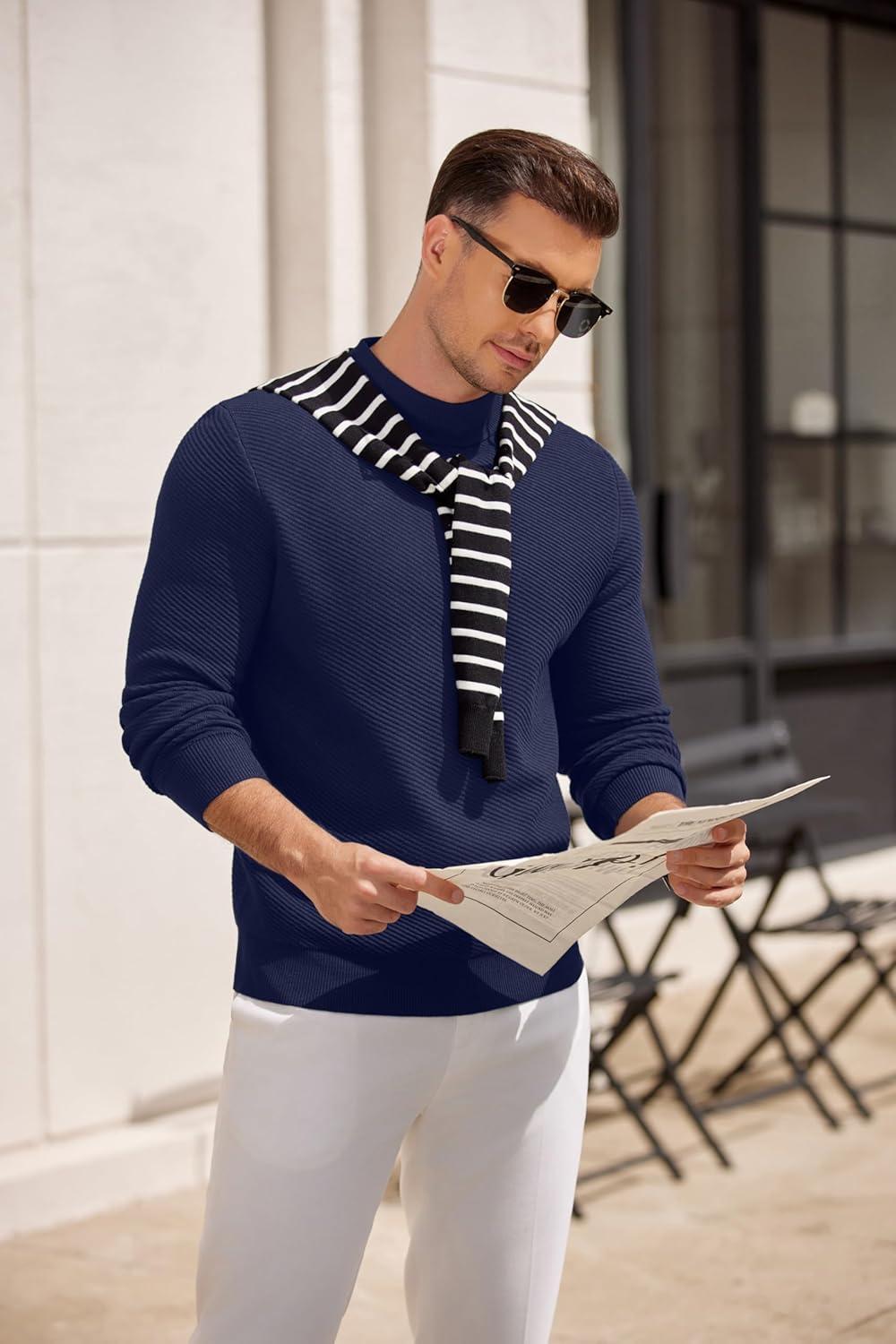 imageCOOFANDY Mens Mock Turtleneck Sweater Long Sleeve Knitted Slim Fit Casual Half Neck Pullover SweatersBlue Purple