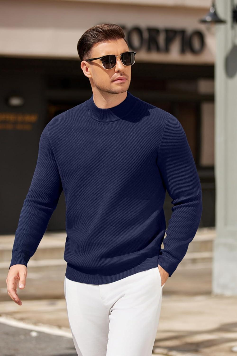 imageCOOFANDY Mens Mock Turtleneck Sweater Long Sleeve Knitted Slim Fit Casual Half Neck Pullover SweatersBlue Purple