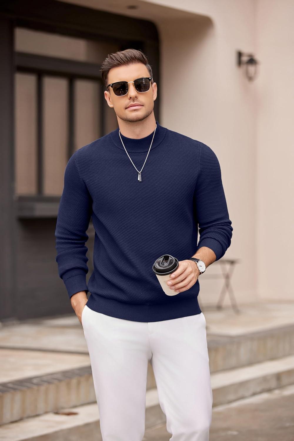 imageCOOFANDY Mens Mock Turtleneck Sweater Long Sleeve Knitted Slim Fit Casual Half Neck Pullover SweatersBlue Purple