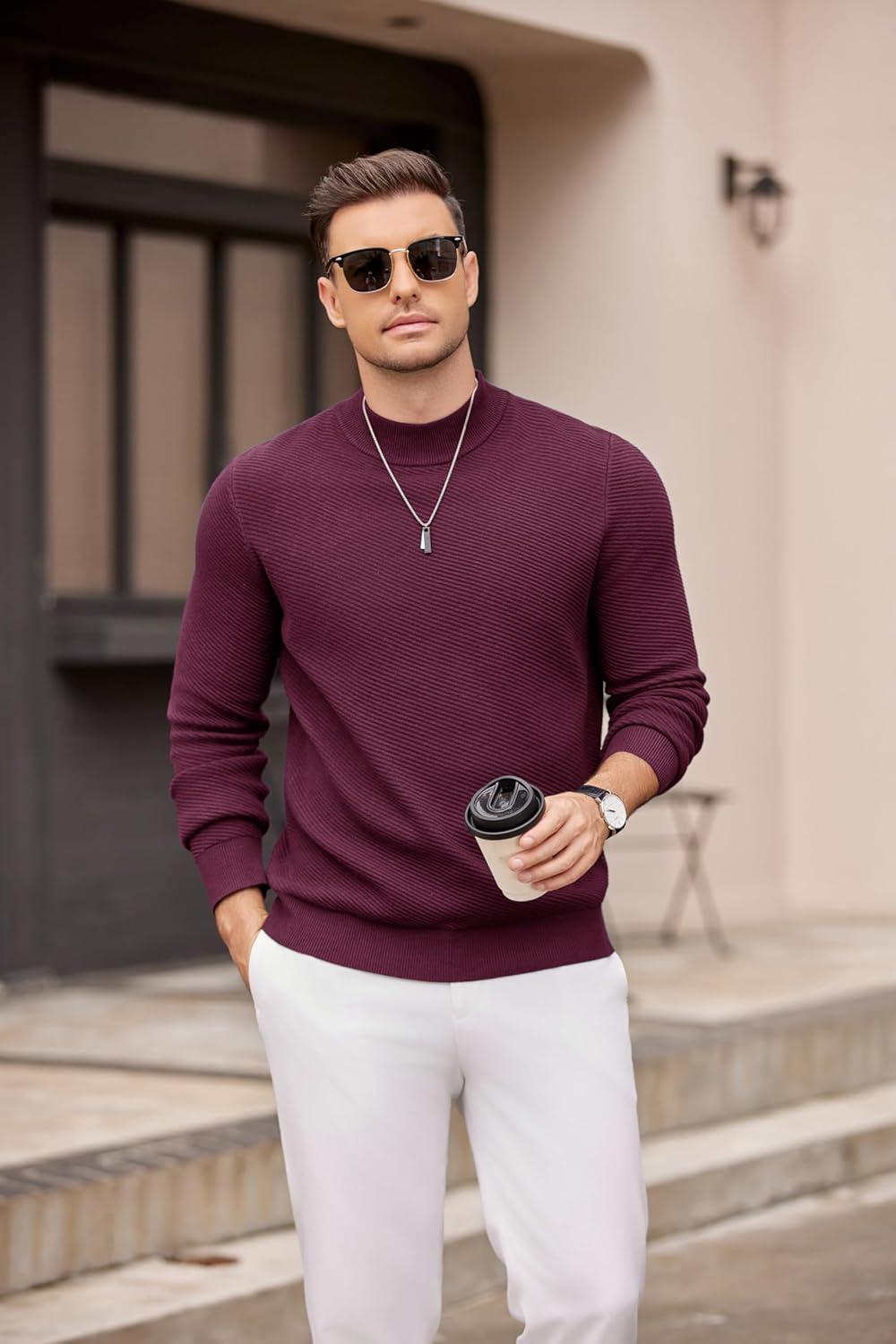 imageCOOFANDY Mens Mock Turtleneck Sweater Long Sleeve Knitted Slim Fit Casual Half Neck Pullover SweatersDark Red
