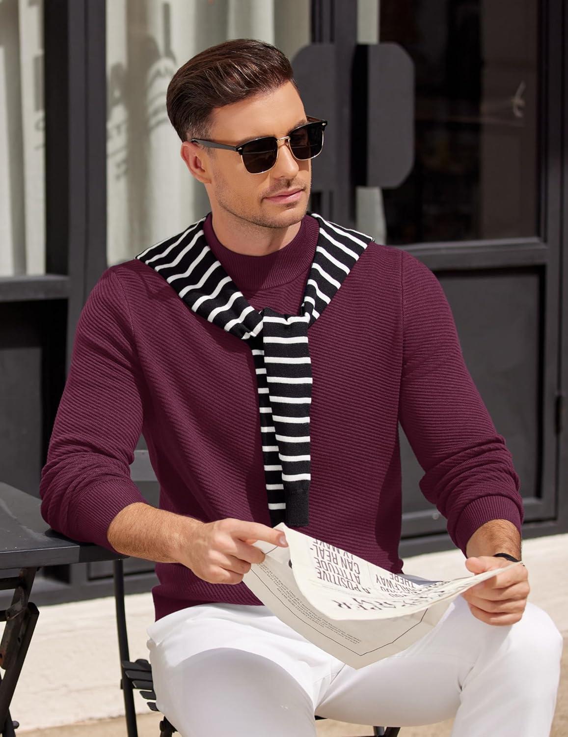 imageCOOFANDY Mens Mock Turtleneck Sweater Long Sleeve Knitted Slim Fit Casual Half Neck Pullover SweatersDark Red