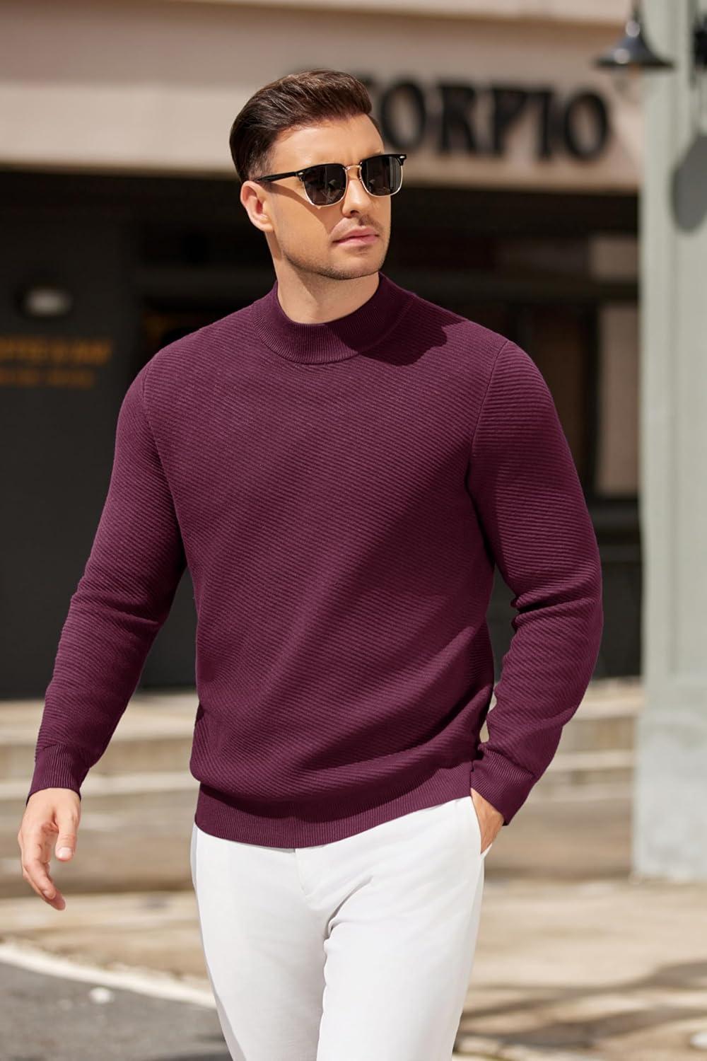 imageCOOFANDY Mens Mock Turtleneck Sweater Long Sleeve Knitted Slim Fit Casual Half Neck Pullover SweatersDark Red
