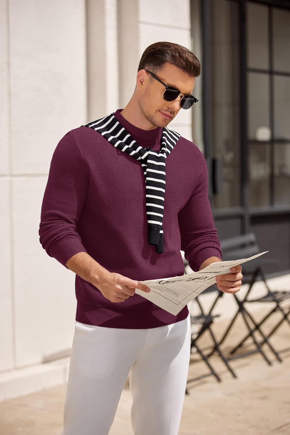 imageCOOFANDY Mens Mock Turtleneck Sweater Long Sleeve Knitted Slim Fit Casual Half Neck Pullover SweatersDark Red