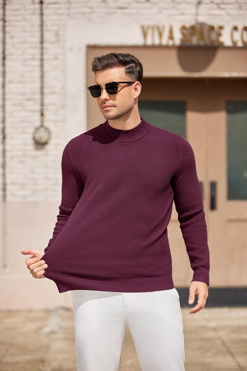 imageCOOFANDY Mens Mock Turtleneck Sweater Long Sleeve Knitted Slim Fit Casual Half Neck Pullover SweatersDark Red