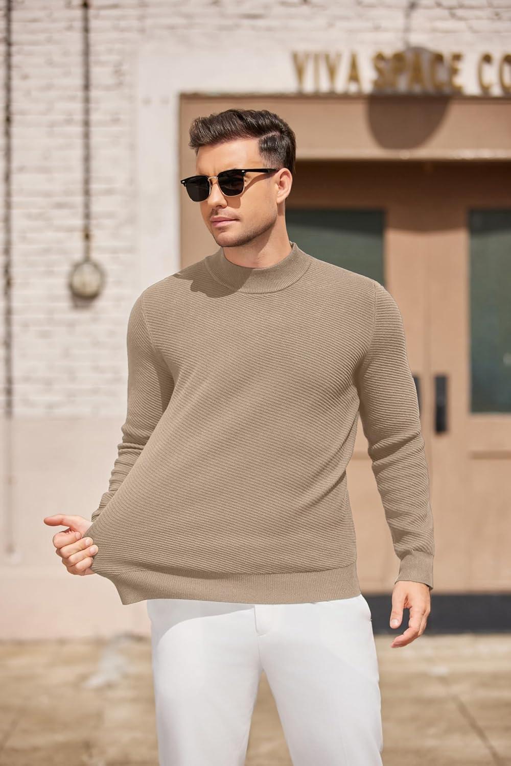 imageCOOFANDY Mens Mock Turtleneck Sweater Long Sleeve Knitted Slim Fit Casual Half Neck Pullover SweatersKhaki