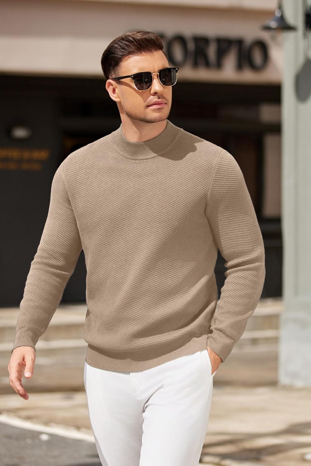 imageCOOFANDY Mens Mock Turtleneck Sweater Long Sleeve Knitted Slim Fit Casual Half Neck Pullover SweatersKhaki