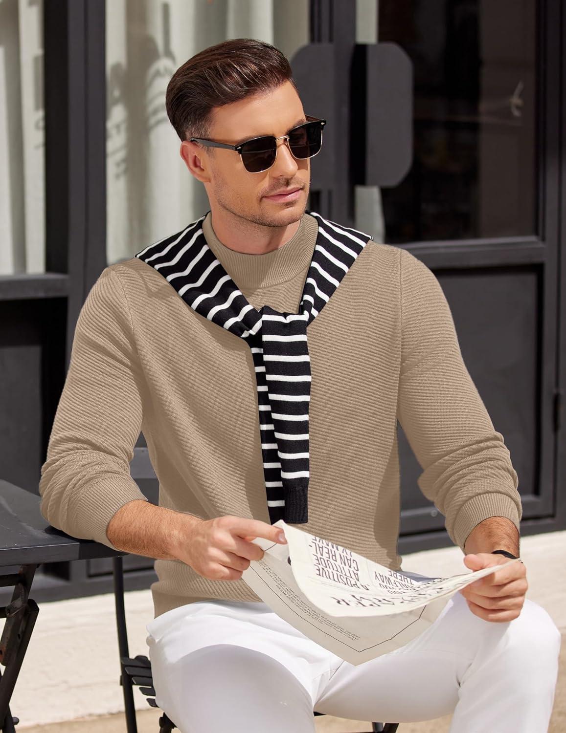 imageCOOFANDY Mens Mock Turtleneck Sweater Long Sleeve Knitted Slim Fit Casual Half Neck Pullover SweatersKhaki