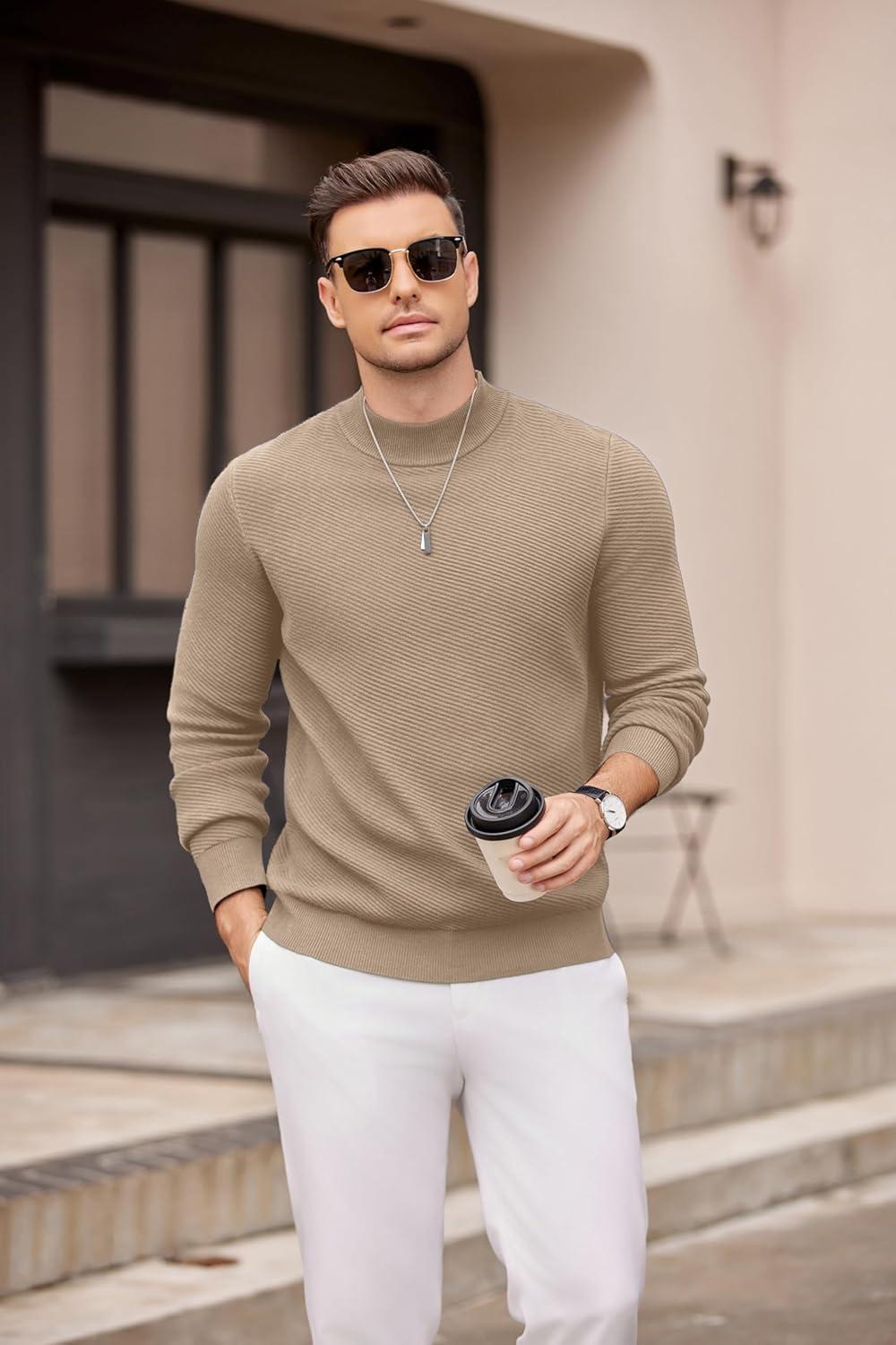 imageCOOFANDY Mens Mock Turtleneck Sweater Long Sleeve Knitted Slim Fit Casual Half Neck Pullover SweatersKhaki