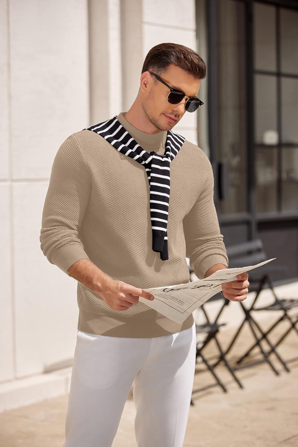 imageCOOFANDY Mens Mock Turtleneck Sweater Long Sleeve Knitted Slim Fit Casual Half Neck Pullover SweatersKhaki
