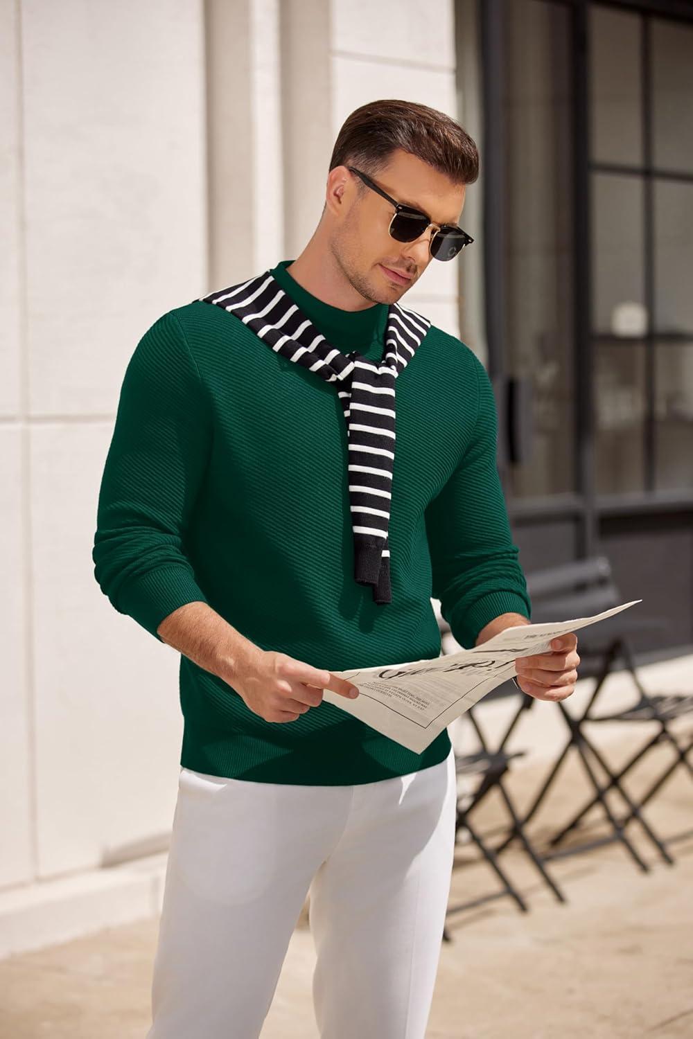 imageCOOFANDY Mens Mock Turtleneck Sweater Long Sleeve Knitted Slim Fit Casual Half Neck Pullover SweatersLake Green