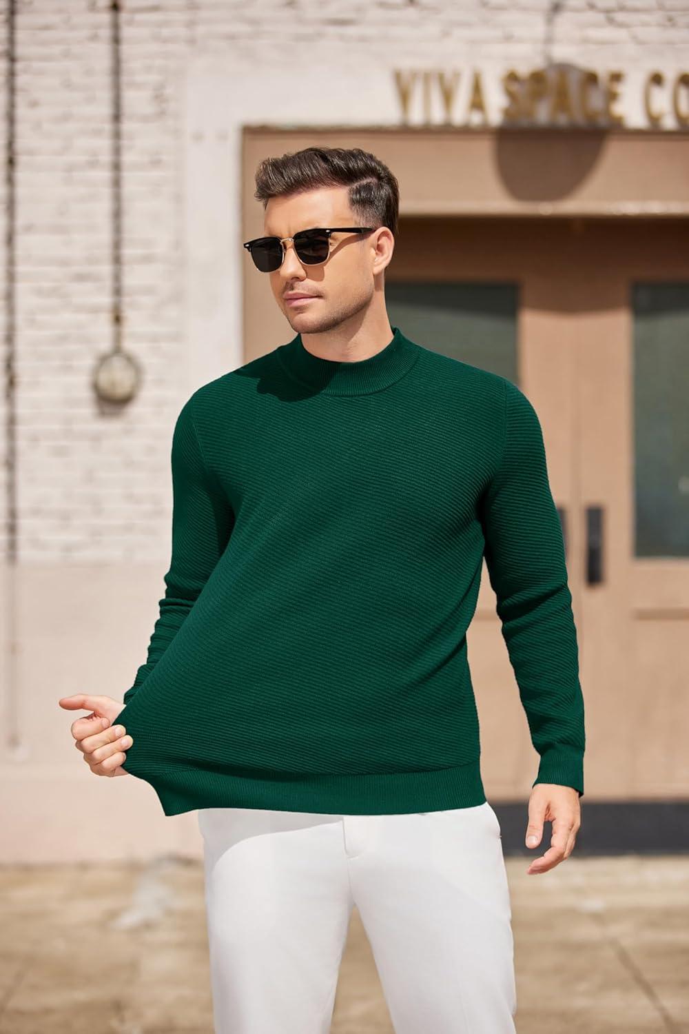 imageCOOFANDY Mens Mock Turtleneck Sweater Long Sleeve Knitted Slim Fit Casual Half Neck Pullover SweatersLake Green