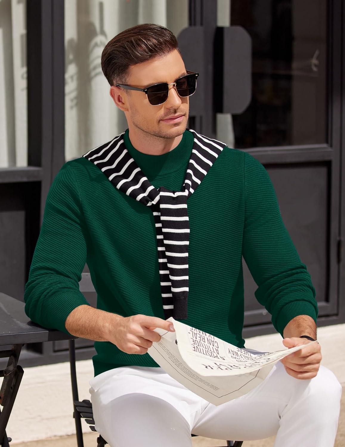 imageCOOFANDY Mens Mock Turtleneck Sweater Long Sleeve Knitted Slim Fit Casual Half Neck Pullover SweatersLake Green