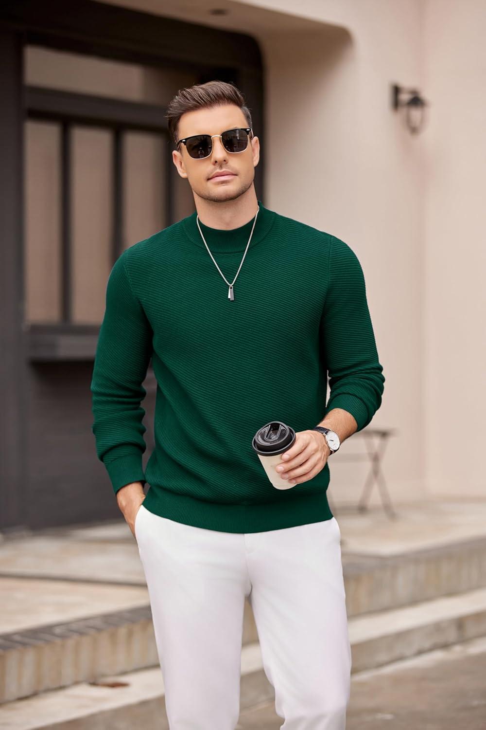imageCOOFANDY Mens Mock Turtleneck Sweater Long Sleeve Knitted Slim Fit Casual Half Neck Pullover SweatersLake Green