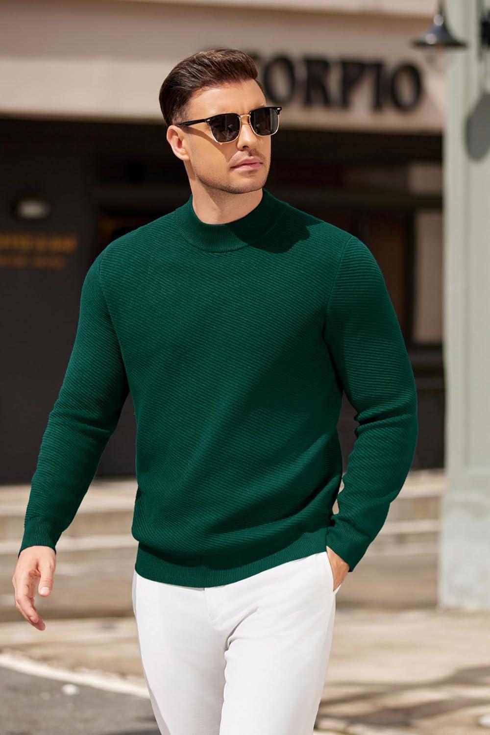 imageCOOFANDY Mens Mock Turtleneck Sweater Long Sleeve Knitted Slim Fit Casual Half Neck Pullover SweatersLake Green