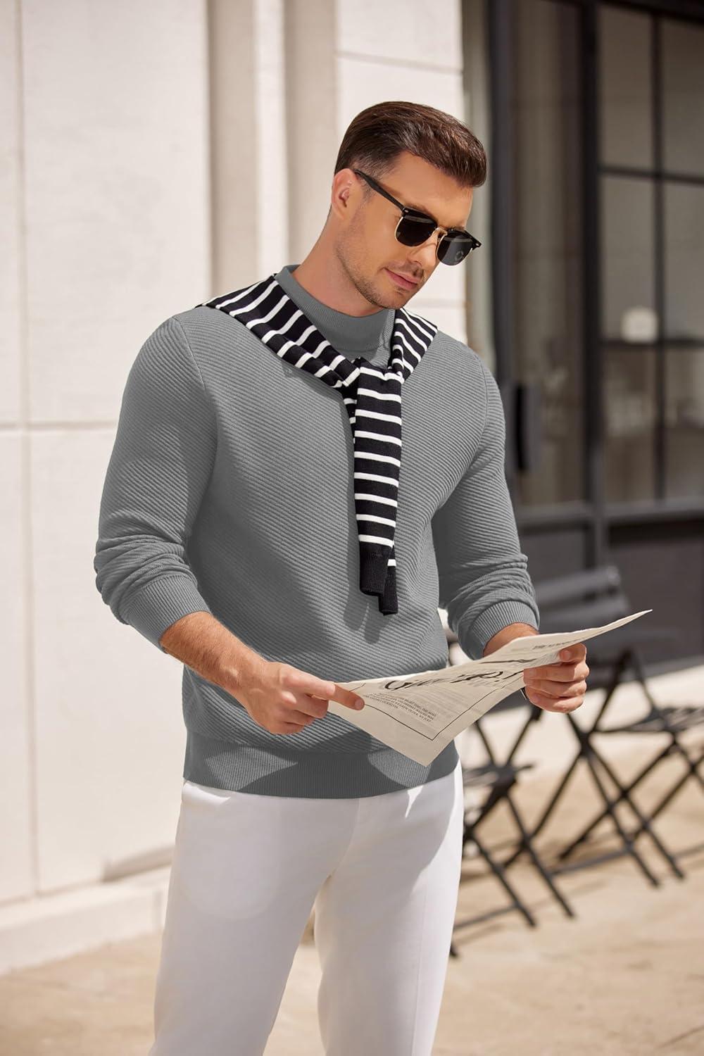 imageCOOFANDY Mens Mock Turtleneck Sweater Long Sleeve Knitted Slim Fit Casual Half Neck Pullover SweatersMiddle Grey