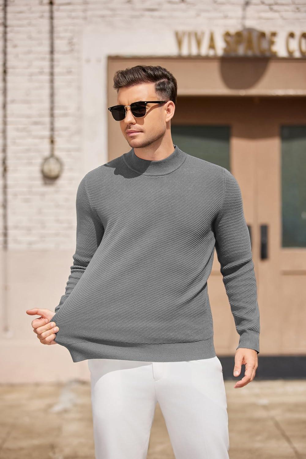 imageCOOFANDY Mens Mock Turtleneck Sweater Long Sleeve Knitted Slim Fit Casual Half Neck Pullover SweatersMiddle Grey