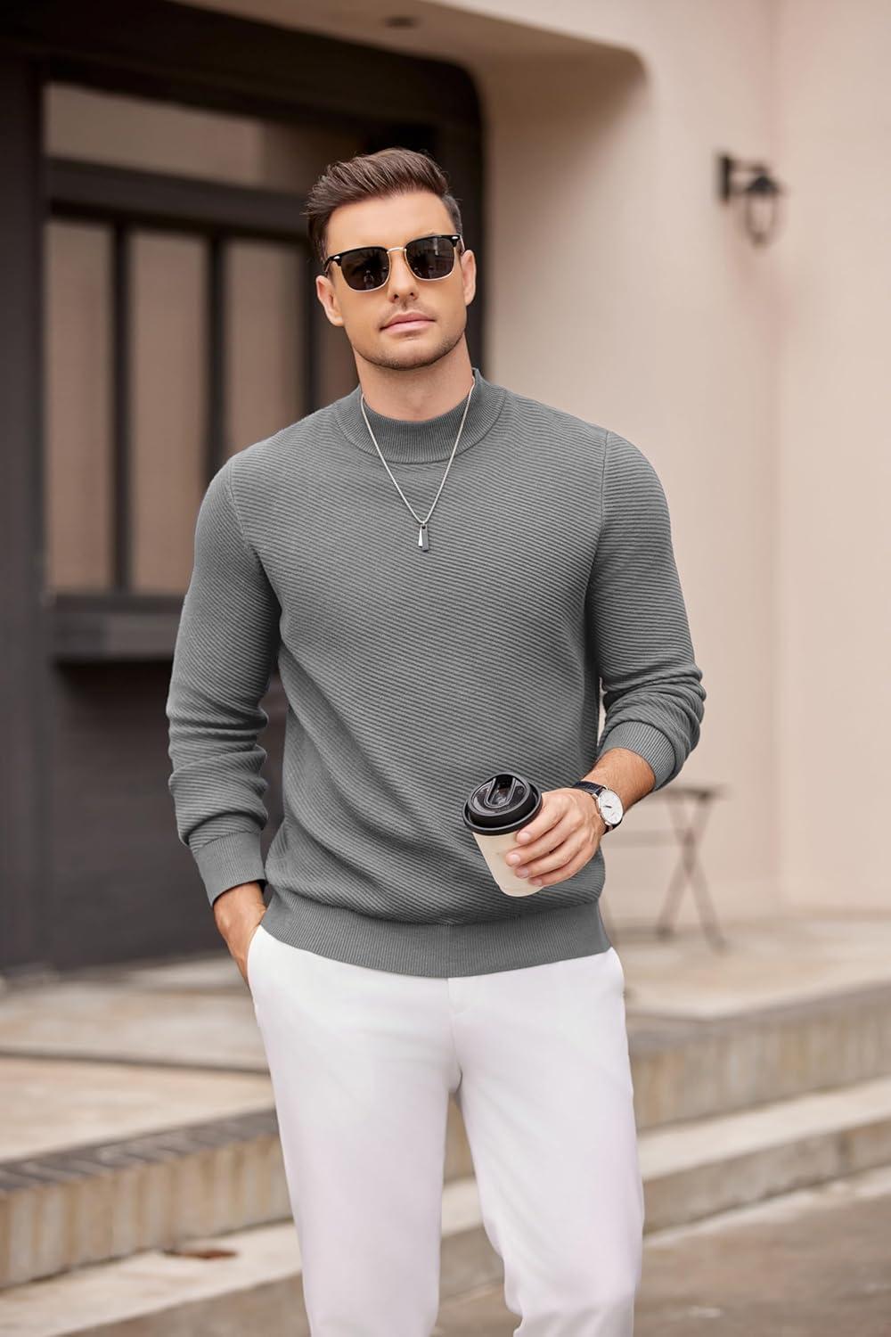 imageCOOFANDY Mens Mock Turtleneck Sweater Long Sleeve Knitted Slim Fit Casual Half Neck Pullover SweatersMiddle Grey
