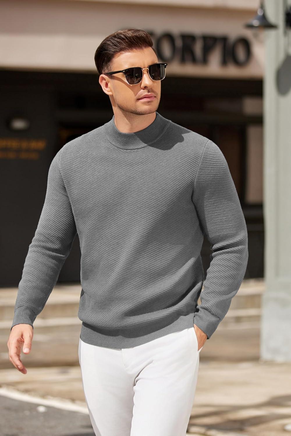 imageCOOFANDY Mens Mock Turtleneck Sweater Long Sleeve Knitted Slim Fit Casual Half Neck Pullover SweatersMiddle Grey
