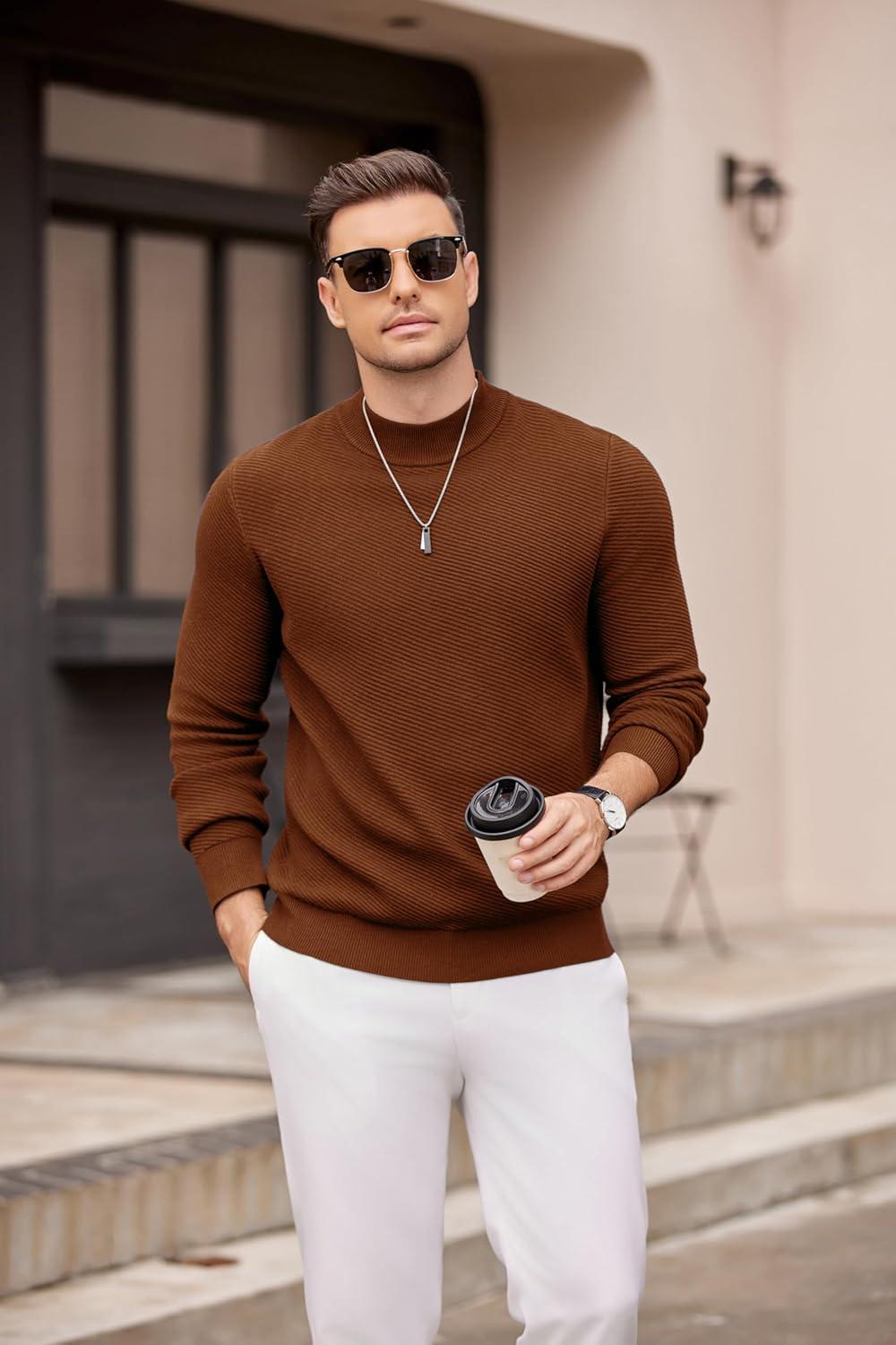 imageCOOFANDY Mens Mock Turtleneck Sweater Long Sleeve Knitted Slim Fit Casual Half Neck Pullover SweatersTerracotta