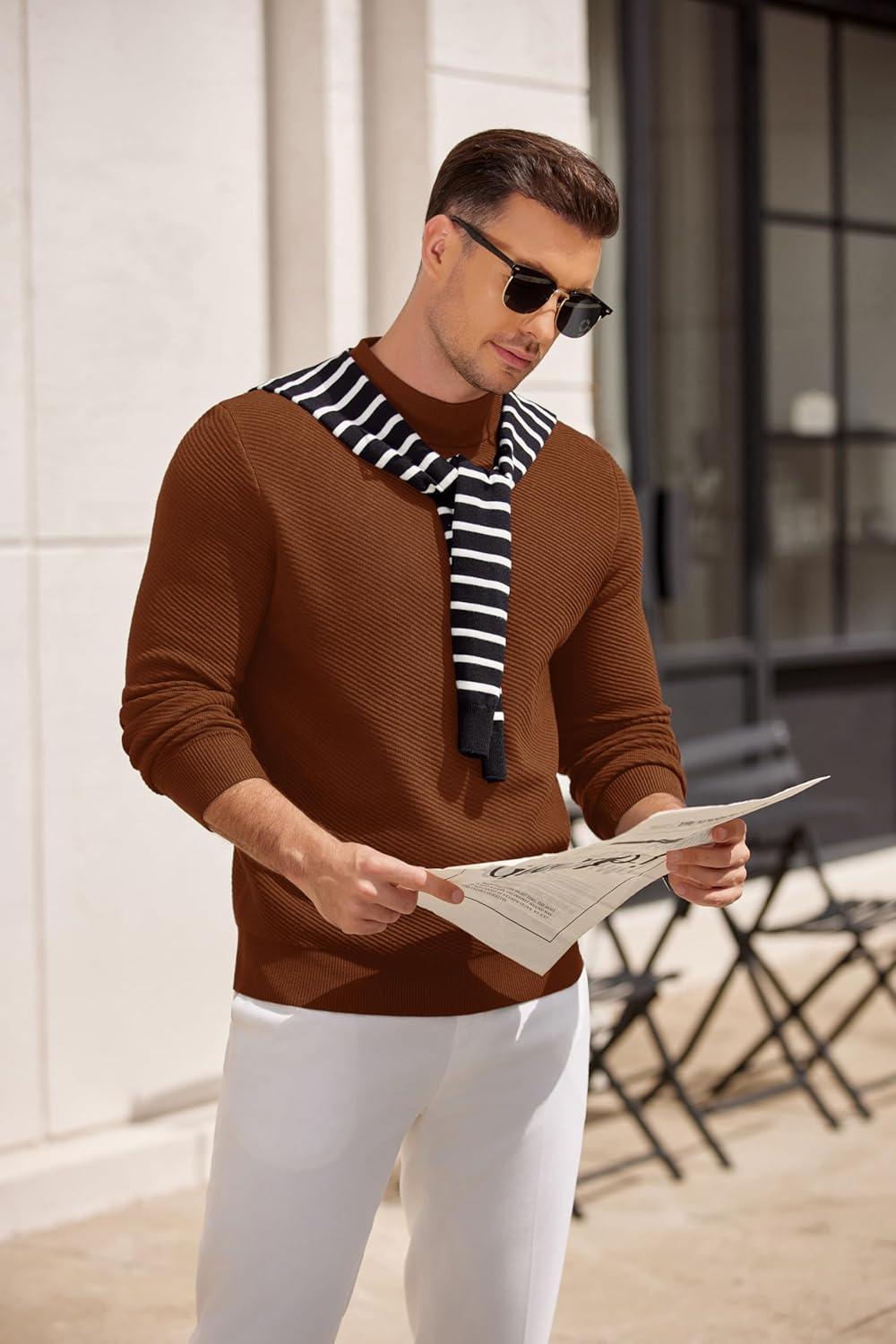 imageCOOFANDY Mens Mock Turtleneck Sweater Long Sleeve Knitted Slim Fit Casual Half Neck Pullover SweatersTerracotta