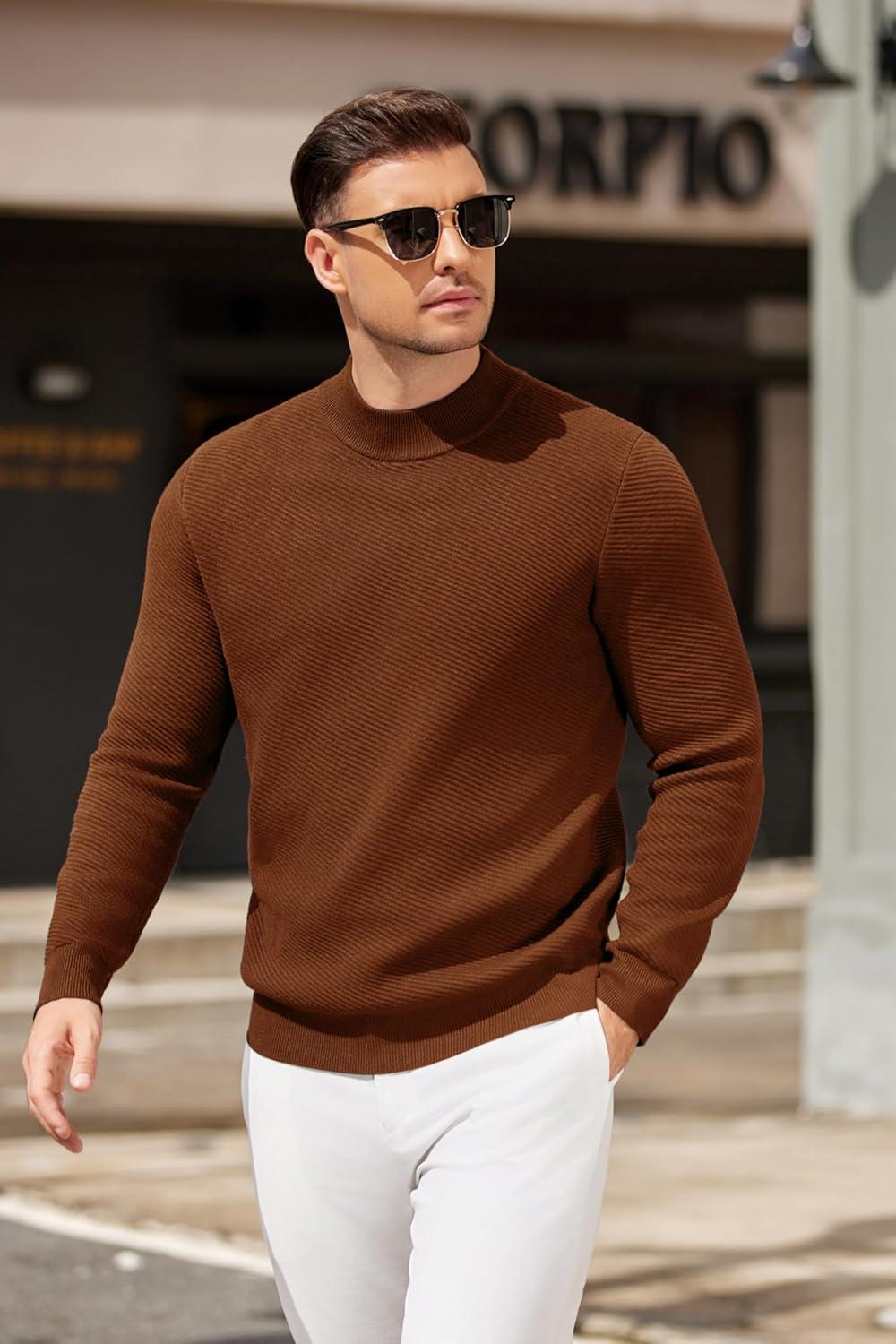 imageCOOFANDY Mens Mock Turtleneck Sweater Long Sleeve Knitted Slim Fit Casual Half Neck Pullover SweatersTerracotta
