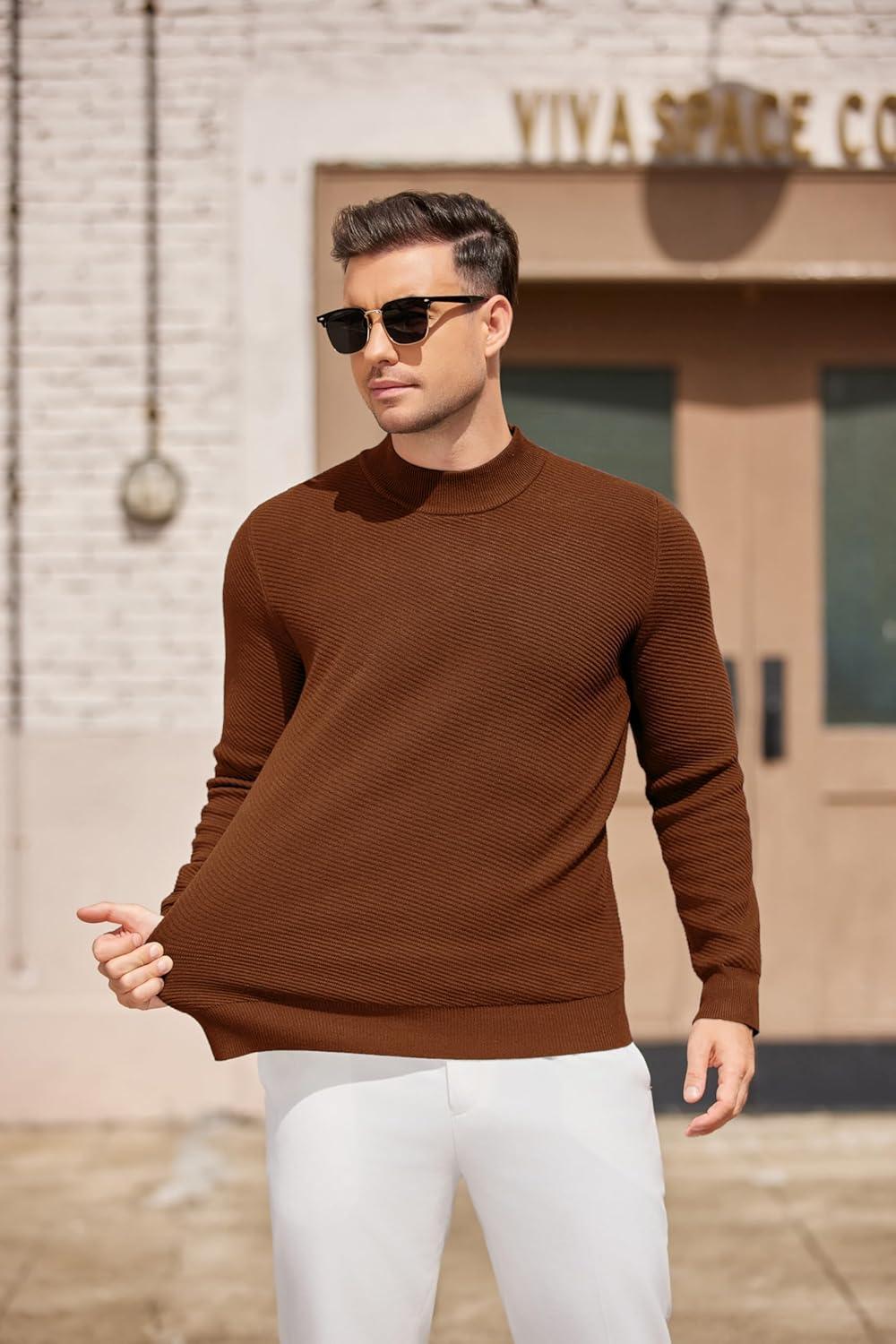 imageCOOFANDY Mens Mock Turtleneck Sweater Long Sleeve Knitted Slim Fit Casual Half Neck Pullover SweatersTerracotta