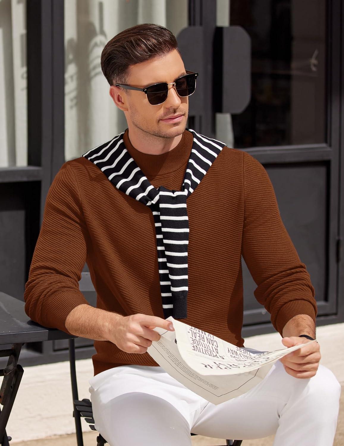 imageCOOFANDY Mens Mock Turtleneck Sweater Long Sleeve Knitted Slim Fit Casual Half Neck Pullover SweatersTerracotta