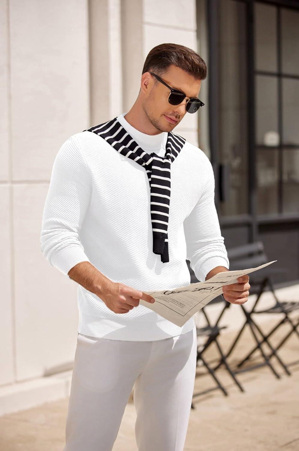 imageCOOFANDY Mens Mock Turtleneck Sweater Long Sleeve Knitted Slim Fit Casual Half Neck Pullover SweatersWhite