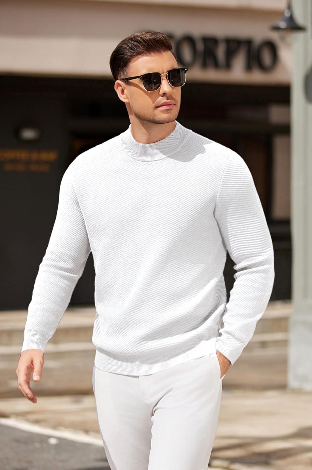 imageCOOFANDY Mens Mock Turtleneck Sweater Long Sleeve Knitted Slim Fit Casual Half Neck Pullover SweatersWhite