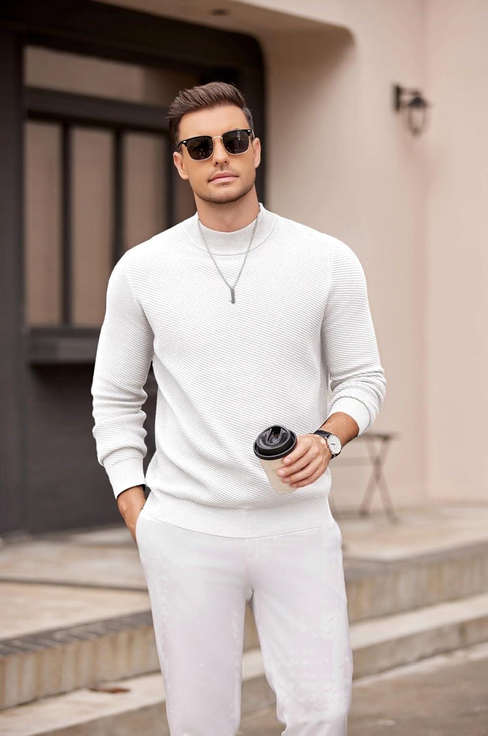 imageCOOFANDY Mens Mock Turtleneck Sweater Long Sleeve Knitted Slim Fit Casual Half Neck Pullover SweatersWhite