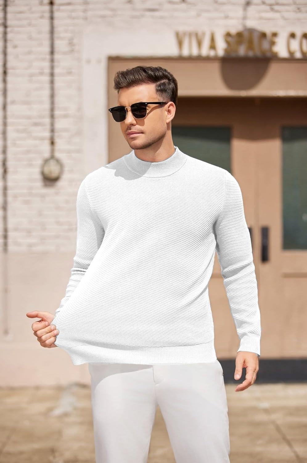 imageCOOFANDY Mens Mock Turtleneck Sweater Long Sleeve Knitted Slim Fit Casual Half Neck Pullover SweatersWhite