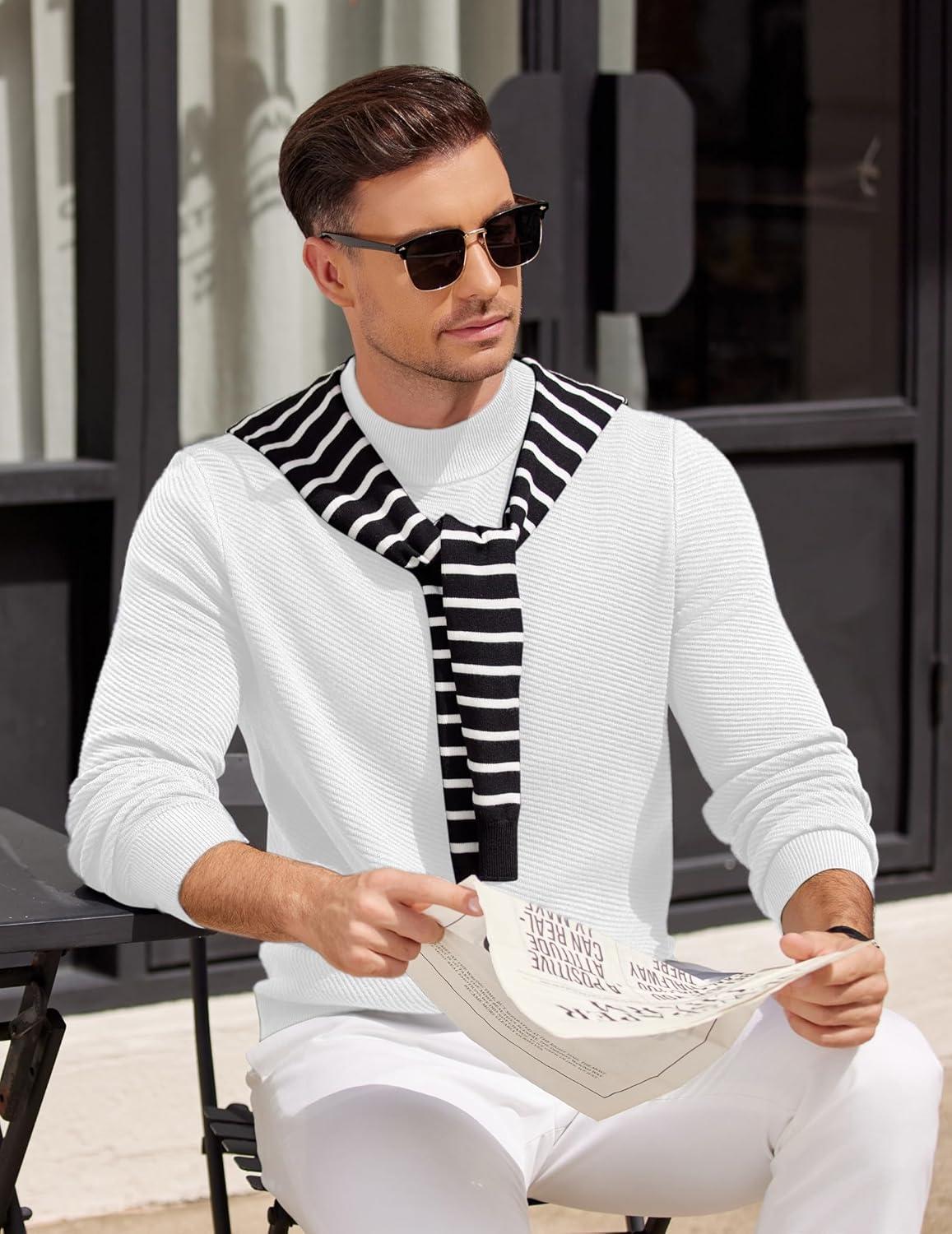 imageCOOFANDY Mens Mock Turtleneck Sweater Long Sleeve Knitted Slim Fit Casual Half Neck Pullover SweatersWhite