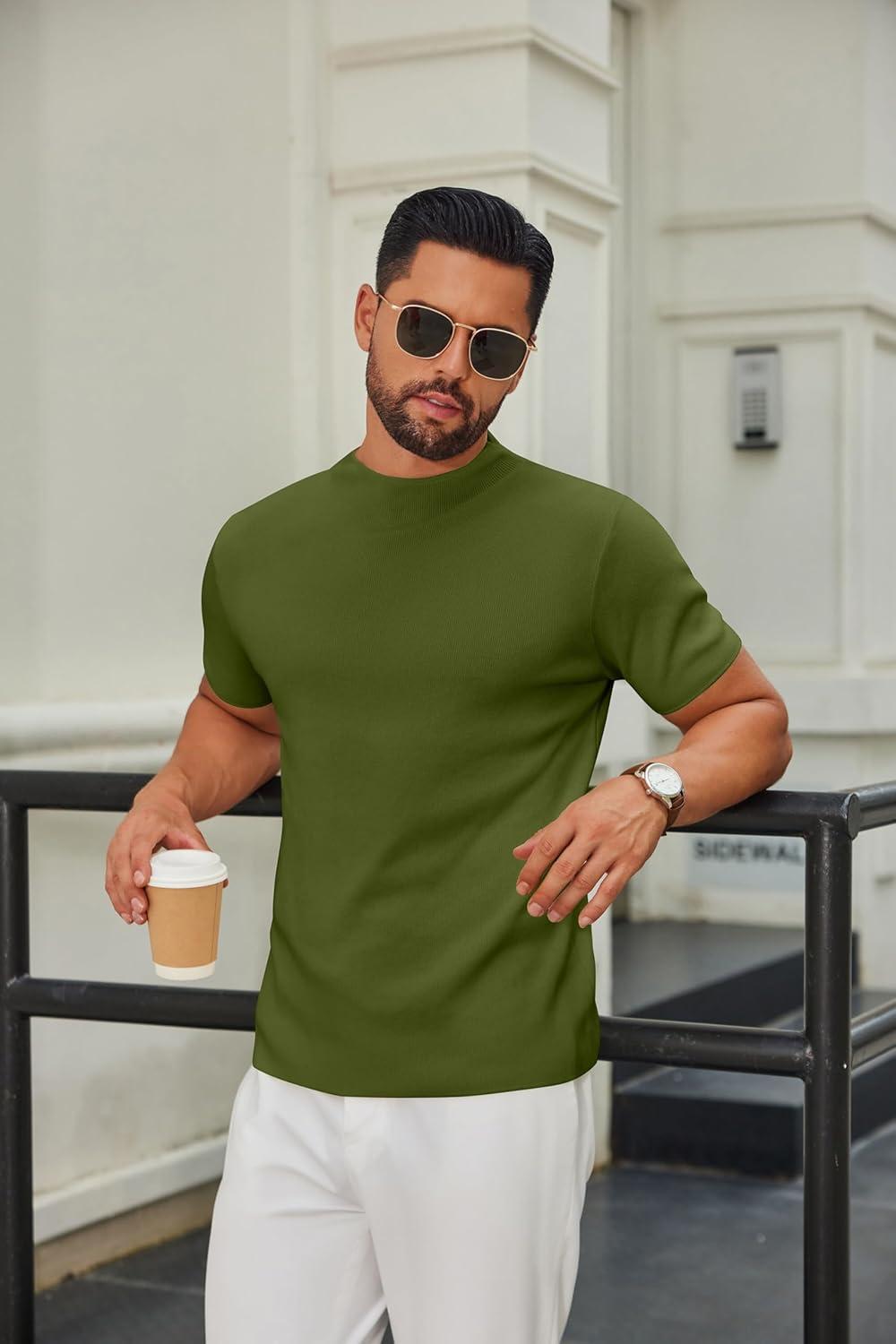 imageCOOFANDY Mens Mock Turtleneck Sweater Short Sleeve Casual Knitted TShirts Thermal Tops Solid Basic TeeArmy Green