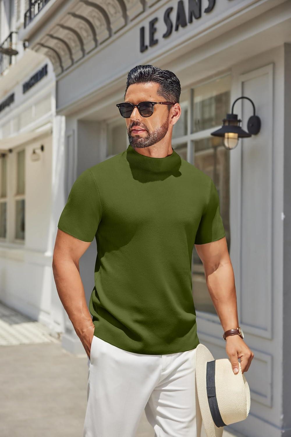 imageCOOFANDY Mens Mock Turtleneck Sweater Short Sleeve Casual Knitted TShirts Thermal Tops Solid Basic TeeArmy Green