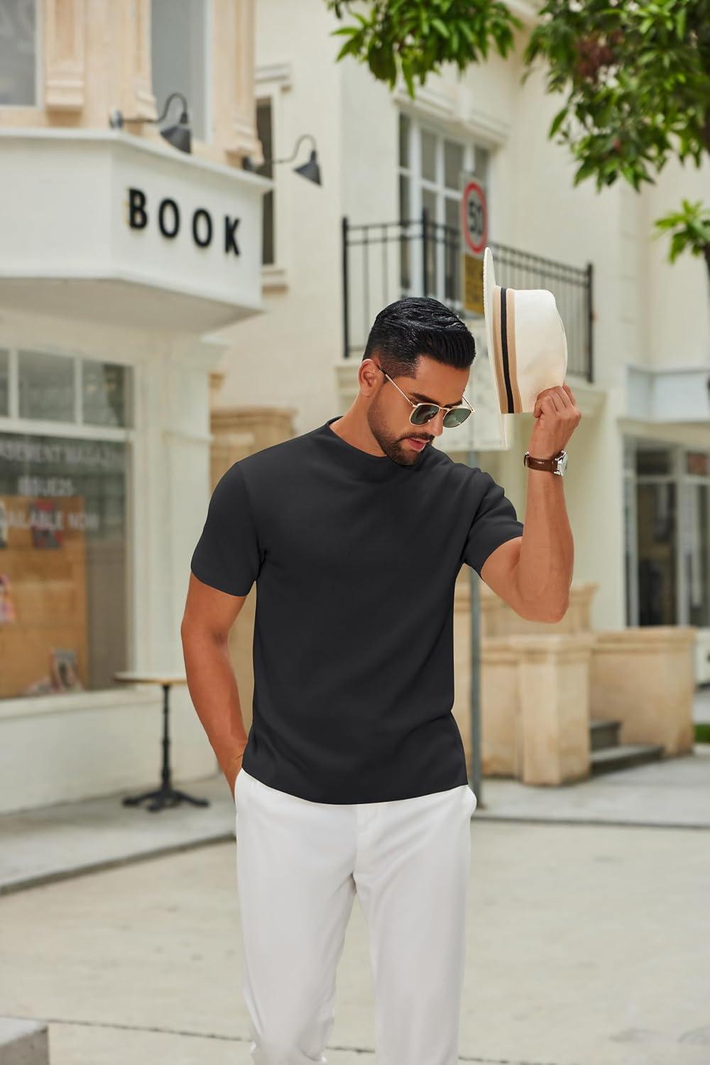 imageCOOFANDY Mens Mock Turtleneck Sweater Short Sleeve Casual Knitted TShirts Thermal Tops Solid Basic TeeBlack
