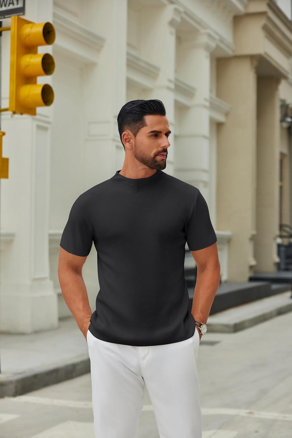 imageCOOFANDY Mens Mock Turtleneck Sweater Short Sleeve Casual Knitted TShirts Thermal Tops Solid Basic TeeBlack