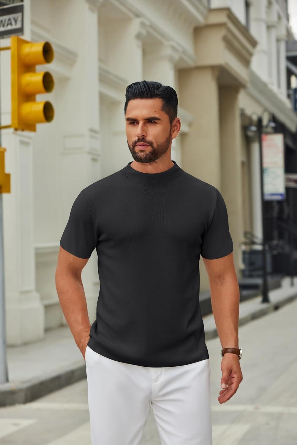 imageCOOFANDY Mens Mock Turtleneck Sweater Short Sleeve Casual Knitted TShirts Thermal Tops Solid Basic TeeBlack
