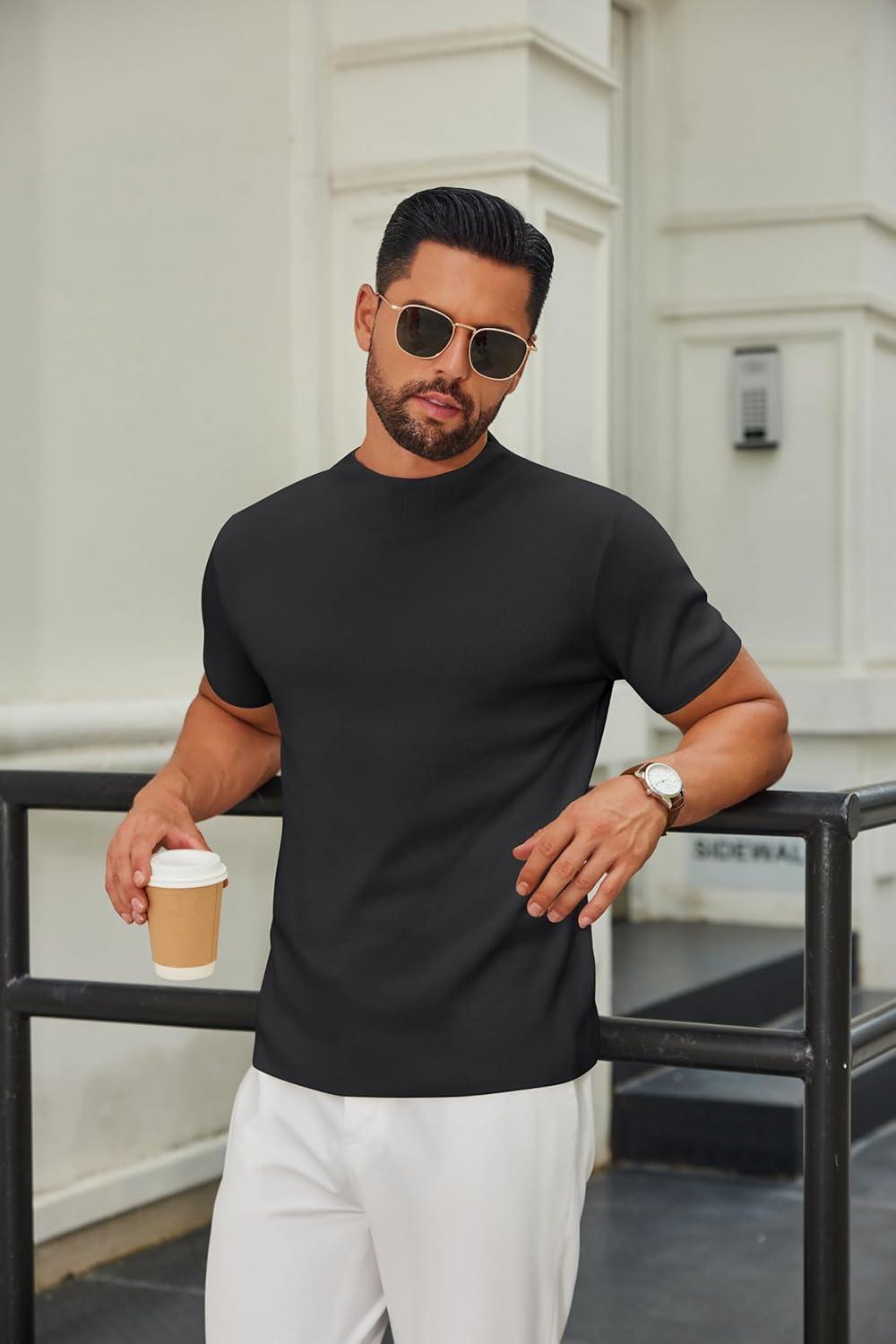 imageCOOFANDY Mens Mock Turtleneck Sweater Short Sleeve Casual Knitted TShirts Thermal Tops Solid Basic TeeBlack