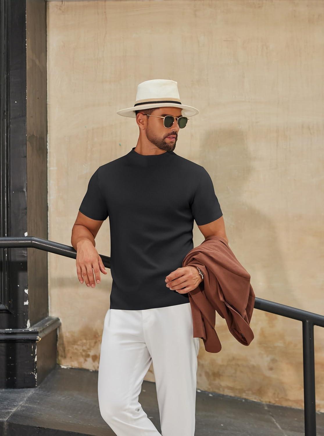 imageCOOFANDY Mens Mock Turtleneck Sweater Short Sleeve Casual Knitted TShirts Thermal Tops Solid Basic TeeBlack