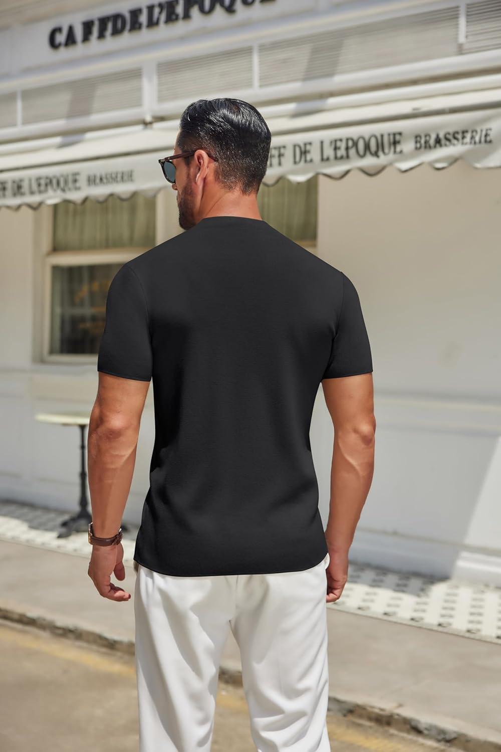 imageCOOFANDY Mens Mock Turtleneck Sweater Short Sleeve Casual Knitted TShirts Thermal Tops Solid Basic TeeBlack