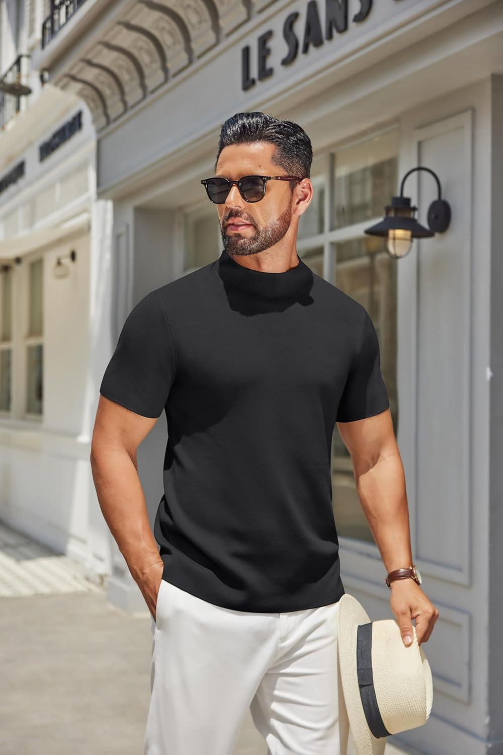 imageCOOFANDY Mens Mock Turtleneck Sweater Short Sleeve Casual Knitted TShirts Thermal Tops Solid Basic TeeBlack