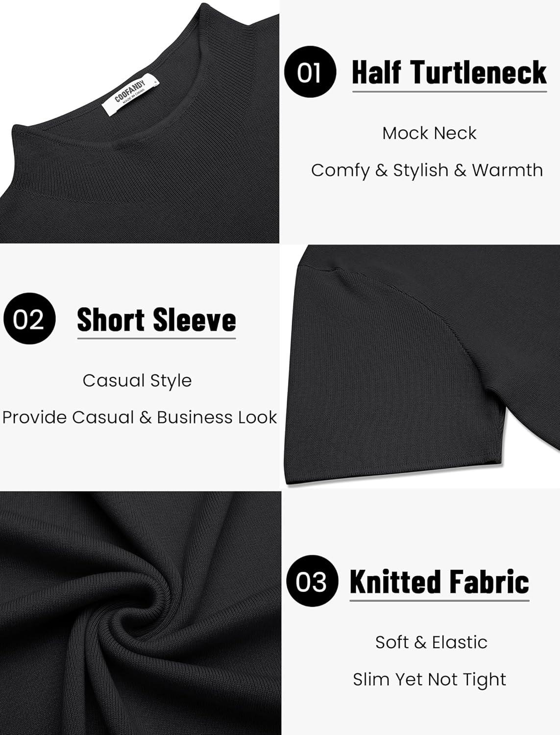 imageCOOFANDY Mens Mock Turtleneck Sweater Short Sleeve Casual Knitted TShirts Thermal Tops Solid Basic TeeBlack