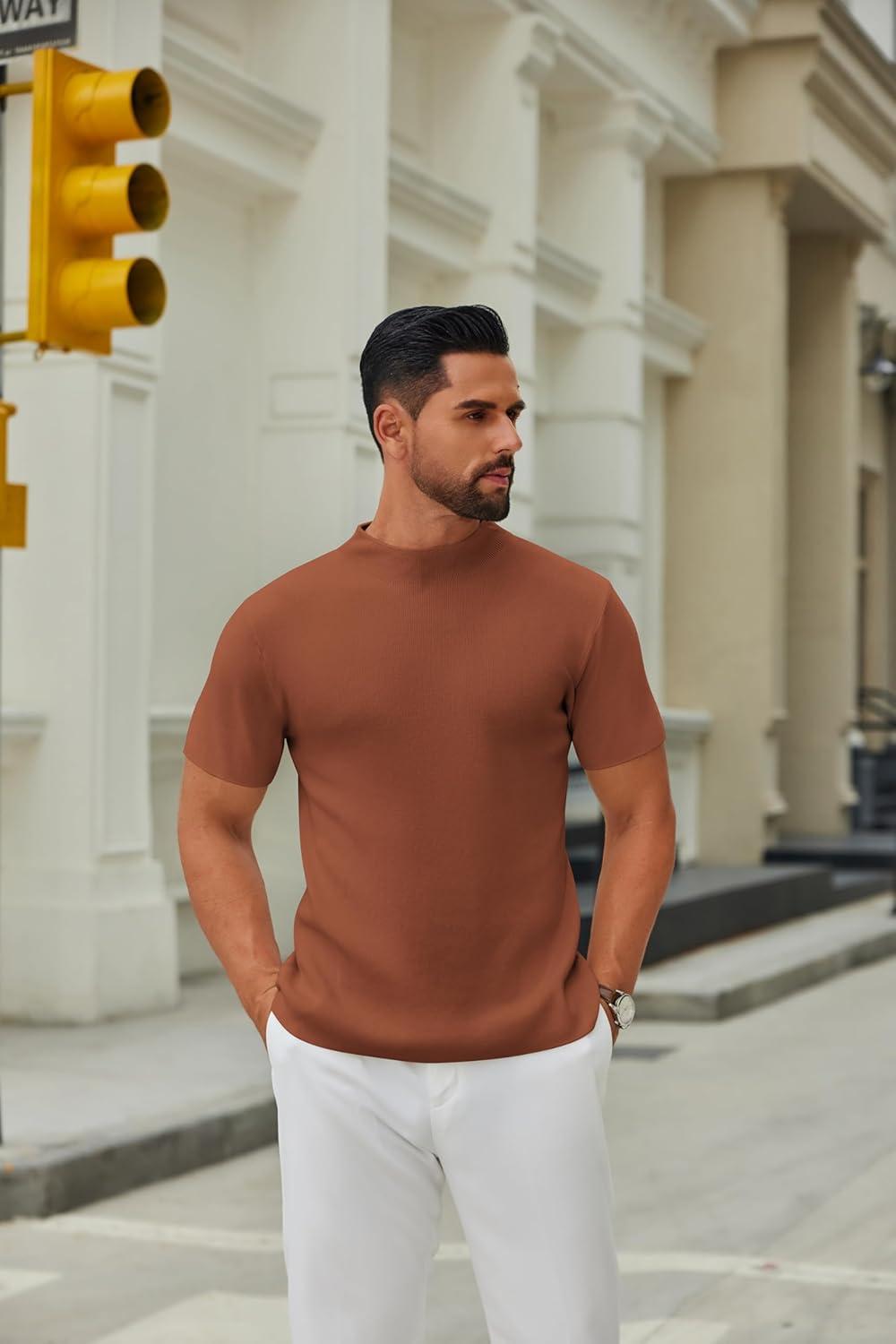 imageCOOFANDY Mens Mock Turtleneck Sweater Short Sleeve Casual Knitted TShirts Thermal Tops Solid Basic TeeCamel