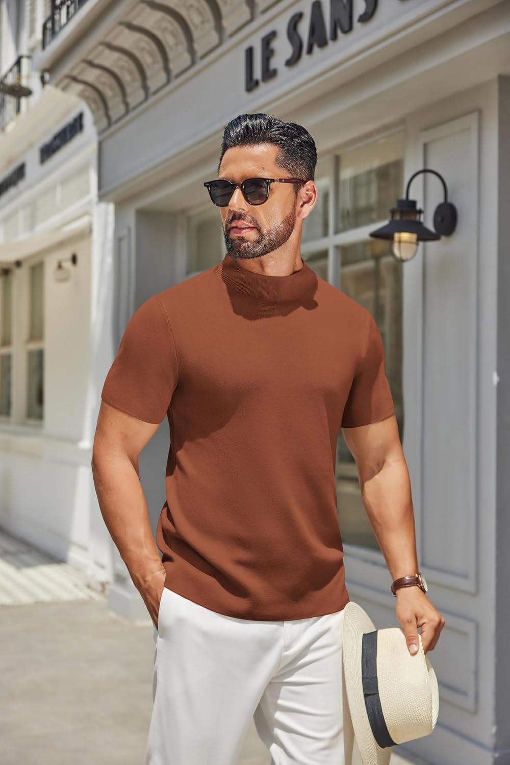 imageCOOFANDY Mens Mock Turtleneck Sweater Short Sleeve Casual Knitted TShirts Thermal Tops Solid Basic TeeCamel