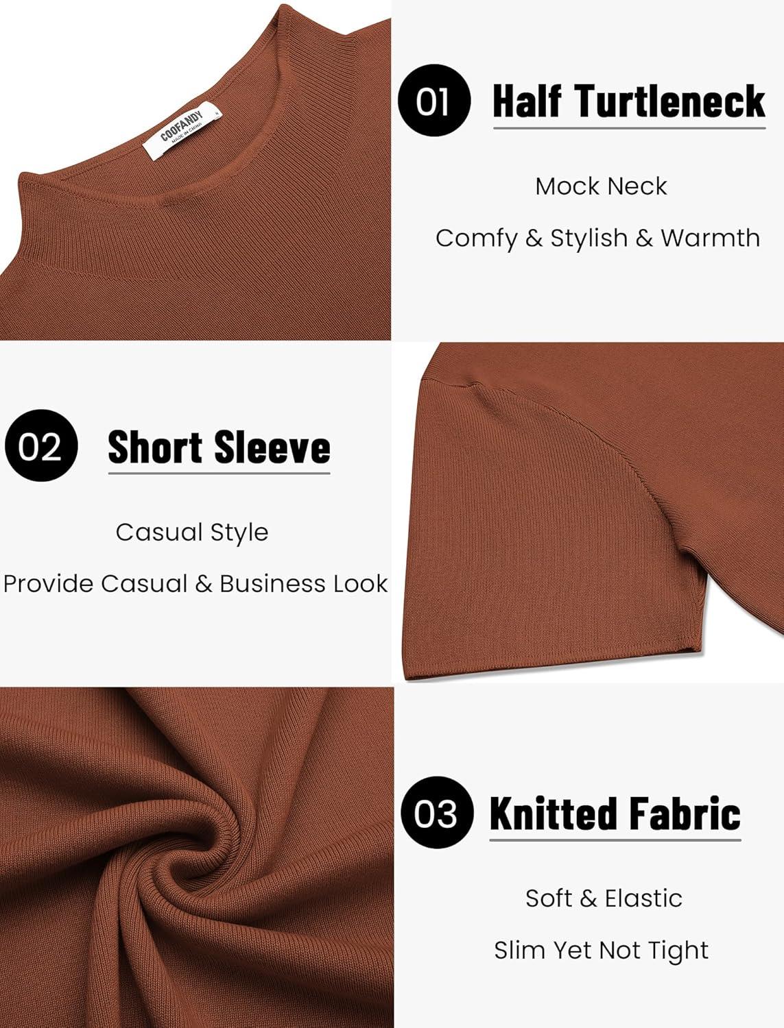 imageCOOFANDY Mens Mock Turtleneck Sweater Short Sleeve Casual Knitted TShirts Thermal Tops Solid Basic TeeCamel